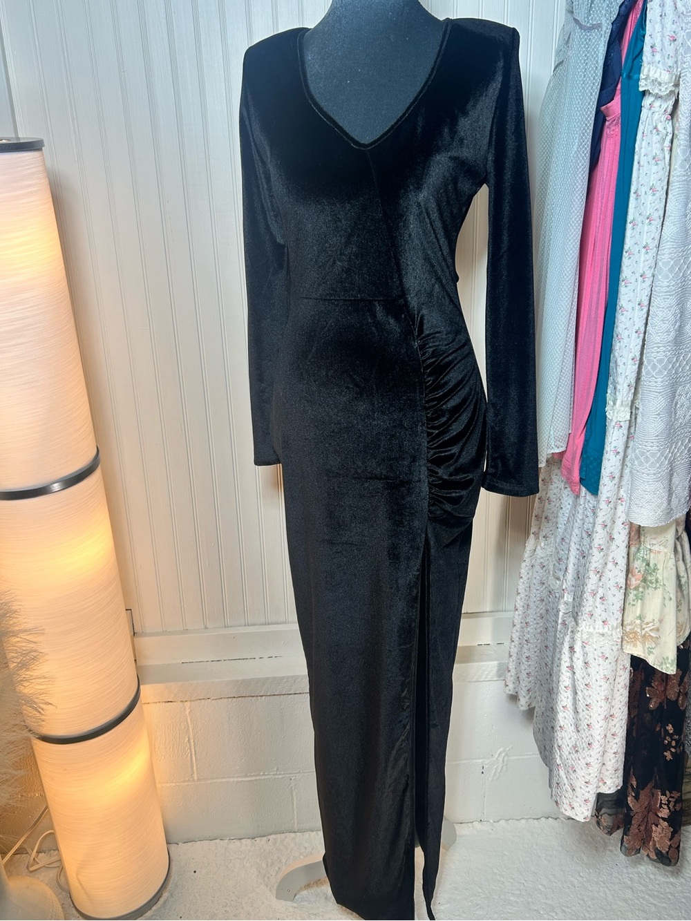 Black Velvet Long-Sleeve Ruched Side V-Neck Dress - Picture 2 of 4